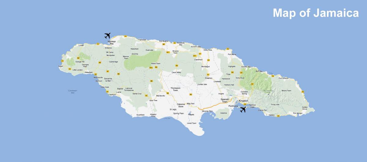 地图上的牙买加的机场和度假村