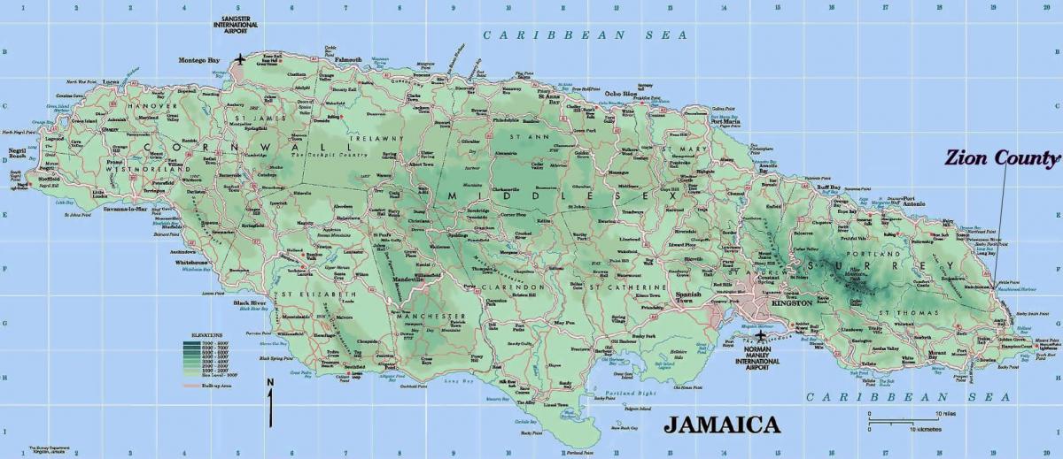 身体地图上的牙买加显示出山脉